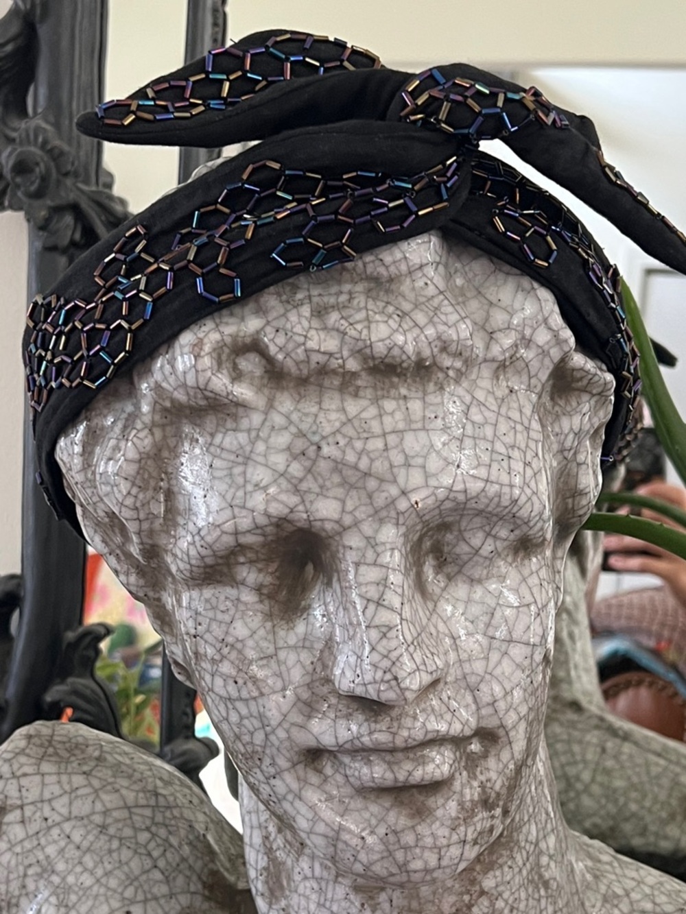 Deepa Gurnani Black Wire Edge Volcano Iridescent Honeycomb Beaded Hair Head Wrap